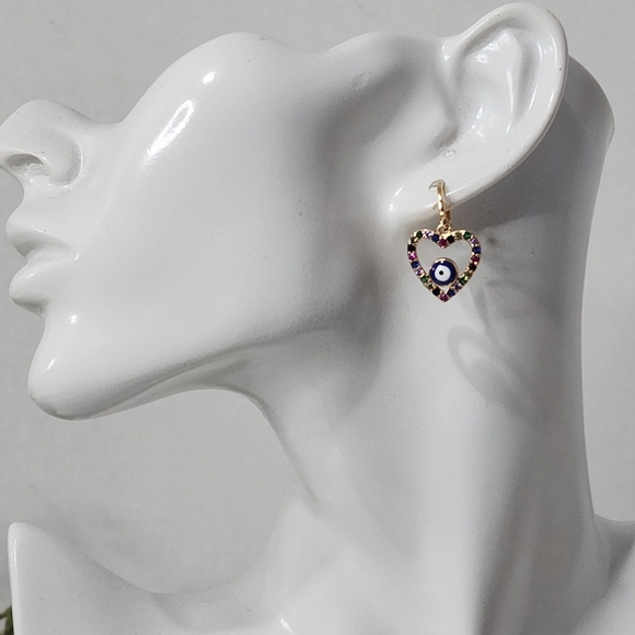 Gold Filled Multi Color Zirconia Heart Evil Eye Huggie Earrings - Picture 5 of 6